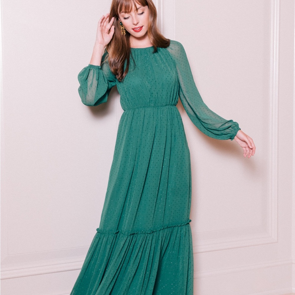 Gal Meets Glam Teal Green Long Sleeve Tiered Maxi Dress